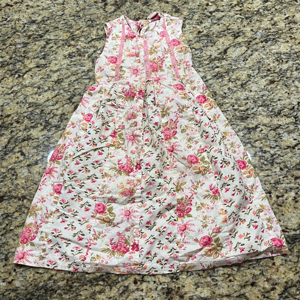 Vintage Corneliani Girls Pink Floral Sleeveless Dress Size 3/4 Button Back Trim